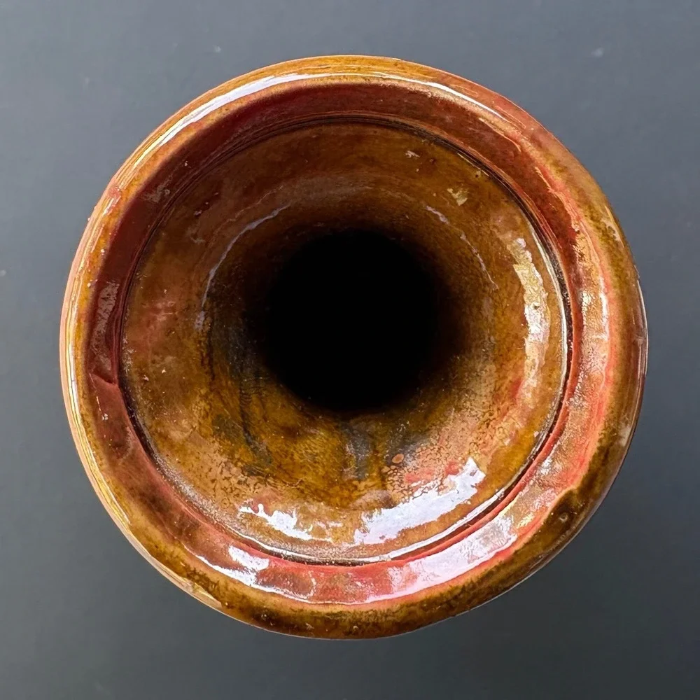 Vintage Style Ribbed Ceramic Vase Drip Glaze Earth Tones Red Amber